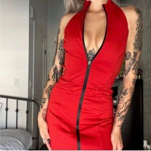 Red Zipper Front Halter Dress